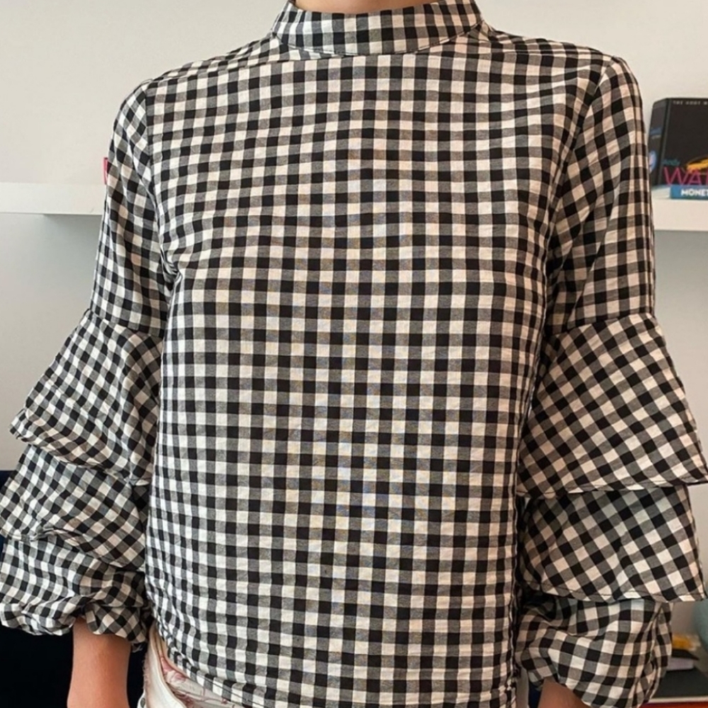 Plaid High Neck and Ruffles Sleeve